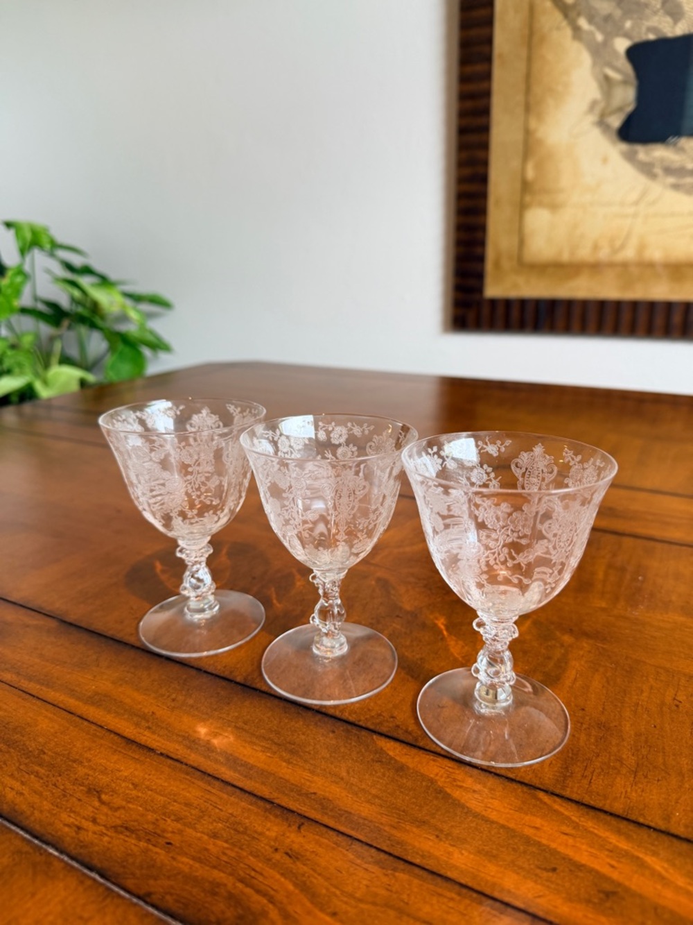 Vintage Cambridge Rosepoint Etched Crystal low sherbet Goblets-3, Stem#3121